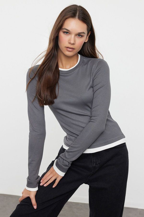 Trendyol Trendyol Anthracite Color Block Fitted Viscose/Soft Fabric Stretchy Knitted Blouse