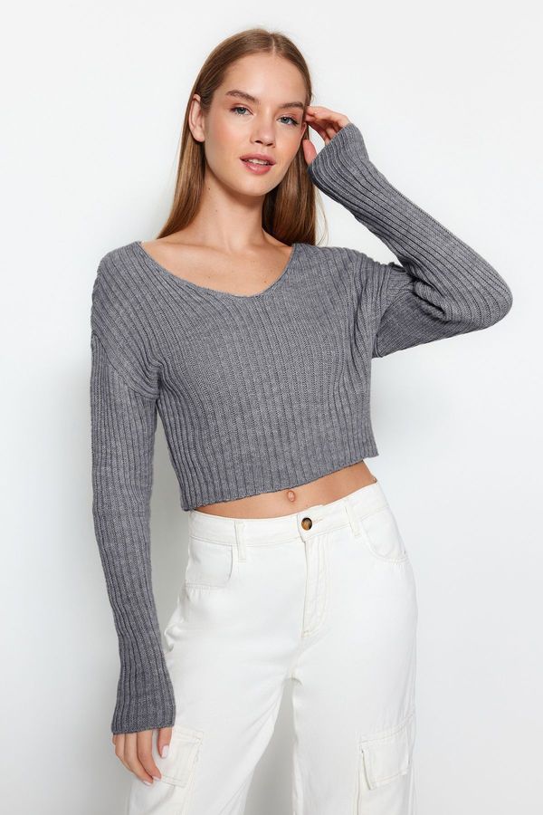 Trendyol Trendyol Anthracite Crop Basic V-Neck Knitwear Sweater