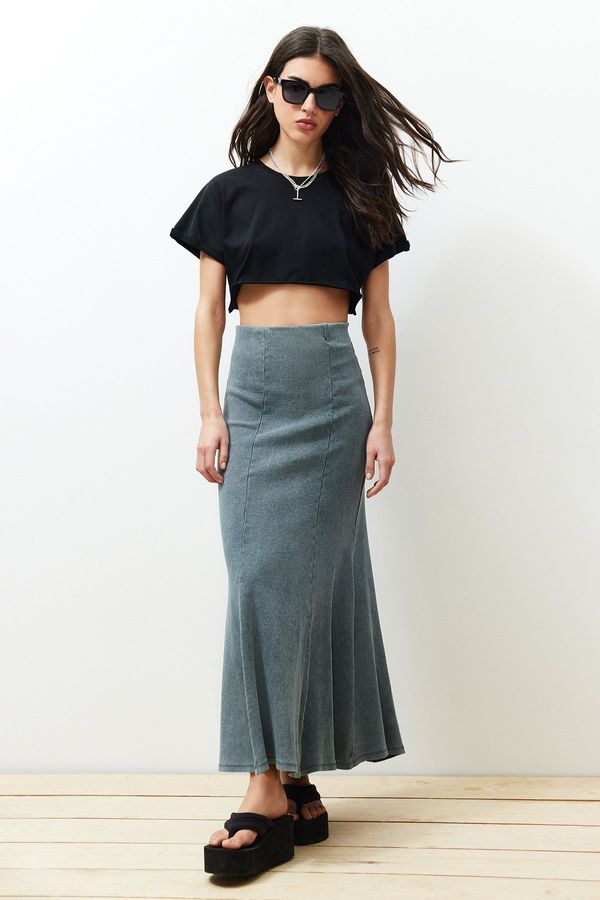 Trendyol Trendyol Anthracite Faded Effect Stitching Detailed Maxi Flexible Skirt