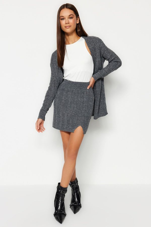 Trendyol Trendyol Anthracite Glittery Skirt-Cover Cardigan Knitwear Top and Bottom Set