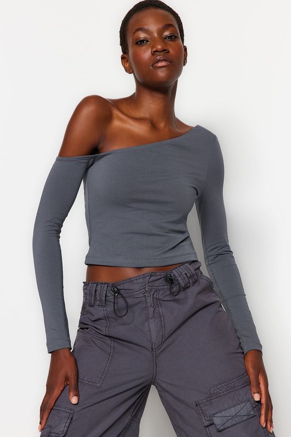 Trendyol Trendyol Anthracite One-Shoulder Cotton Elasticated Fitted/Situated Crop Knitted Blouse