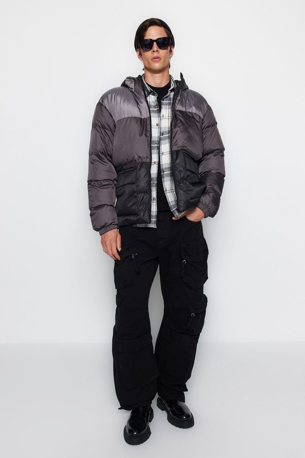 Trendyol Trendyol Anthracite Oversize Fit Hooded Fleece Lined Color Block Winter Coat