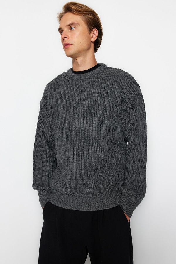 Trendyol Trendyol Anthracite Oversize Fit Wide Fit Crew Neck Basic Knitwear Sweater