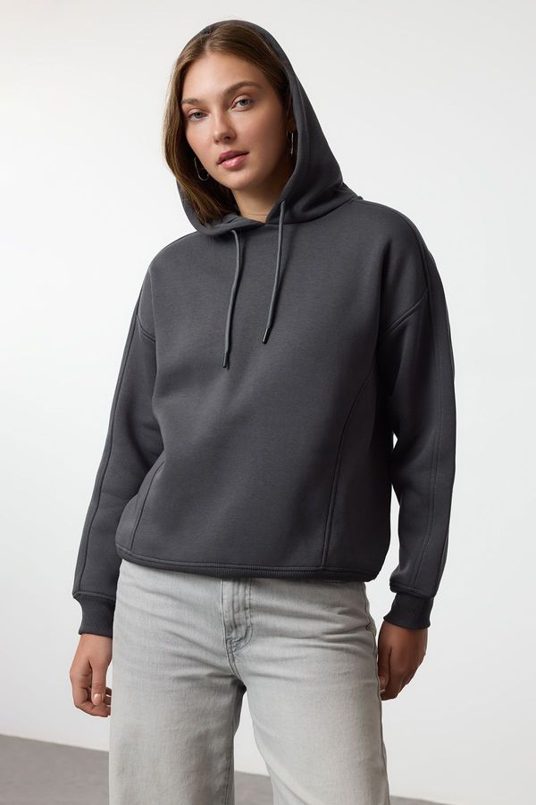 Trendyol Trendyol Anthracite Oversize Thick Fleece Lined Hooded Knitted Sweatshirt