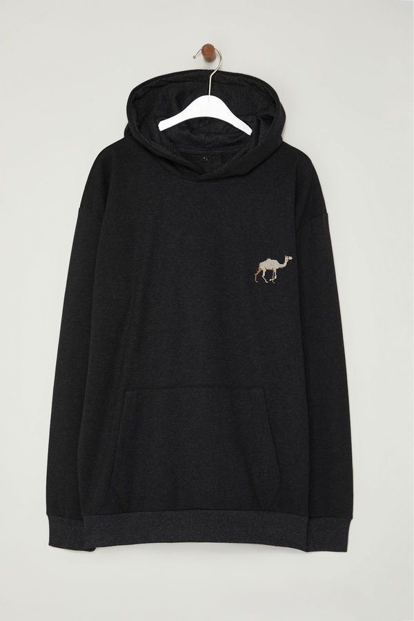 Trendyol Trendyol Anthracite Oversize/Wide Cut Camel Embroidered Fleece Inside Hooded Sweatshirt