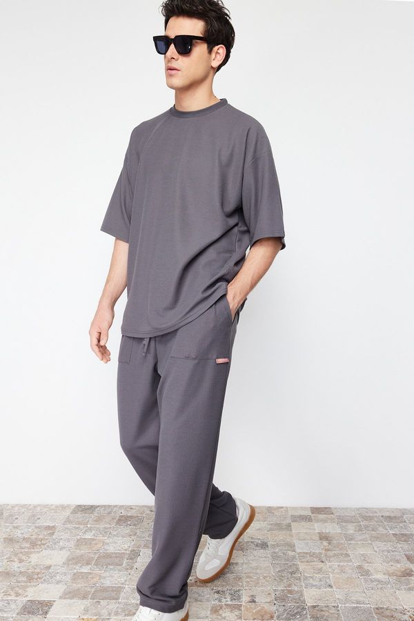 Trendyol Trendyol Anthracite Oversize/Wide-Fit Textured Wide Leg Labeled Sweatpants
