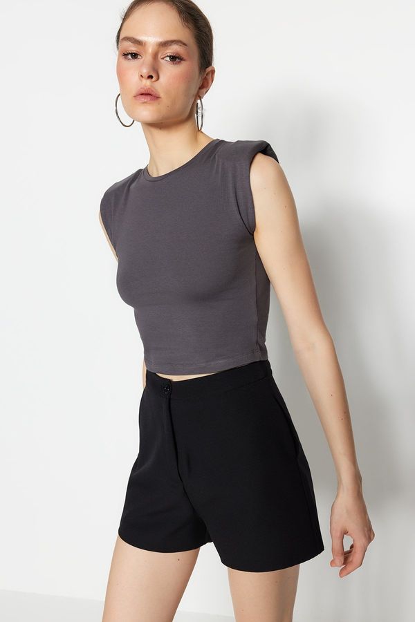Trendyol Trendyol Anthracite Padded Fitted/Situated Crew Neck Crop Flexible Knitted Blouse