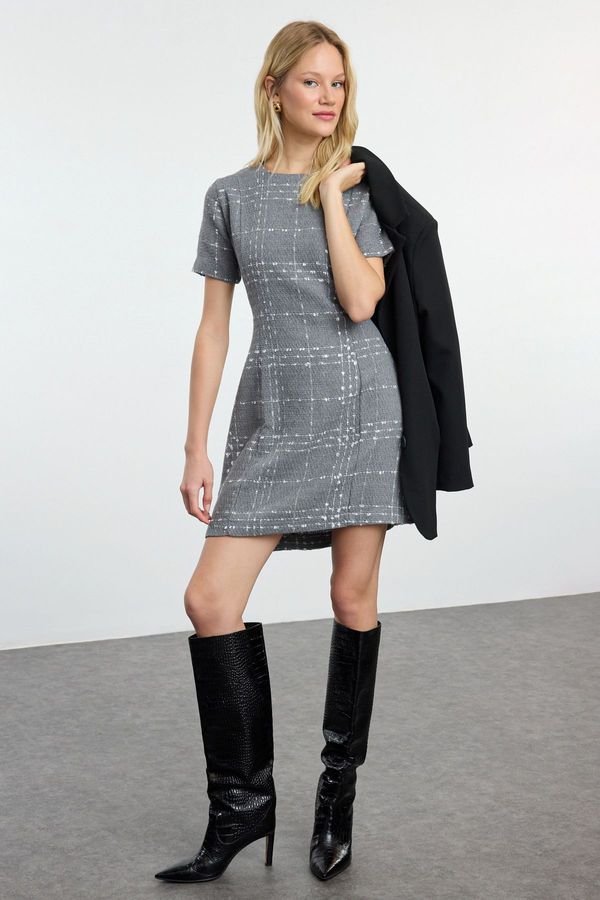 Trendyol Trendyol Anthracite Plaid / Checkered Straight Cut Tweed Woven Dress