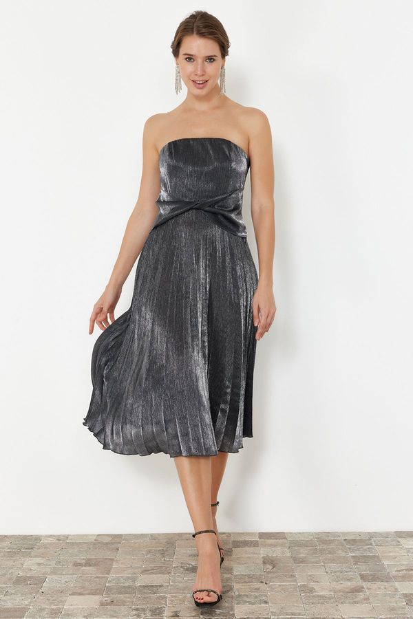 Trendyol Trendyol Anthracite Pleated Shiny Elegant Evening Dress