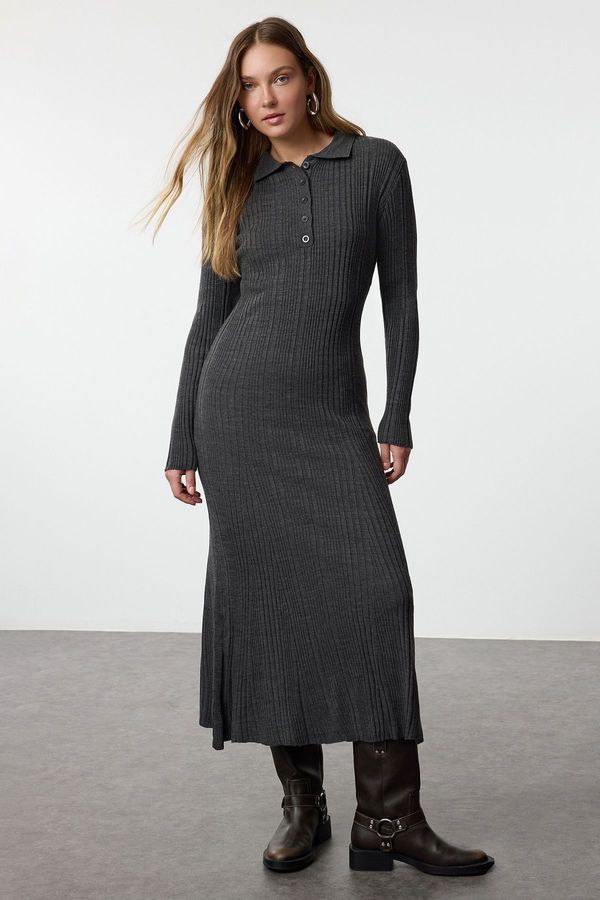 Trendyol Trendyol Anthracite Polo Collar Rib Knit Dress