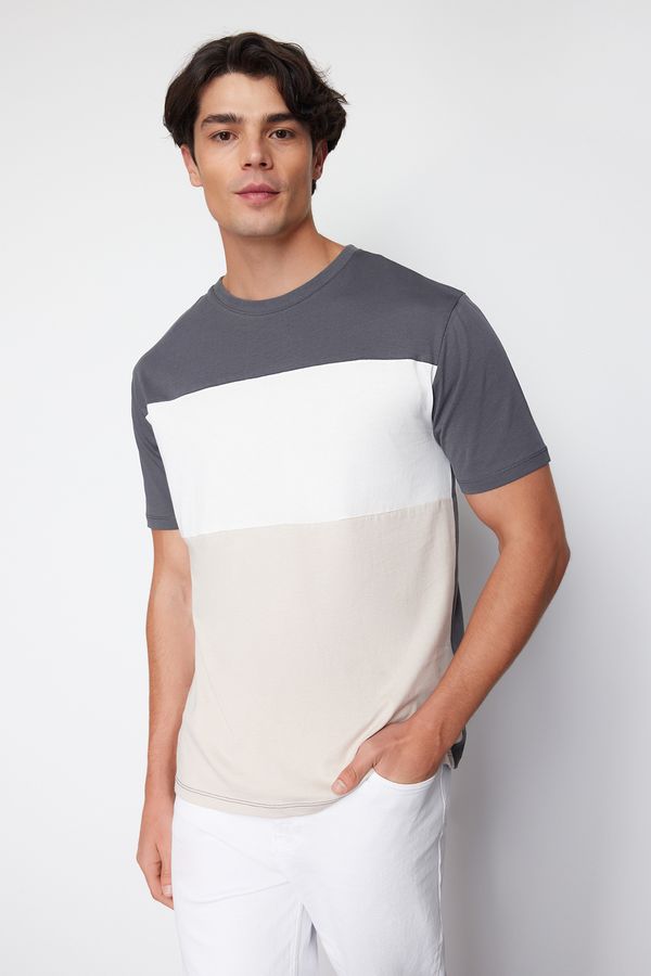 Trendyol Trendyol Anthracite Regular Cut Color Blocked 100% Cotton T-Shirt