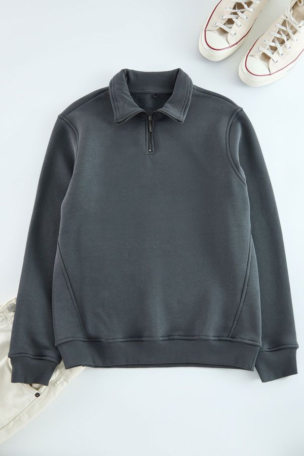 Trendyol Trendyol Anthracite Regular/Normal Cut Stand Collar Zippered Cotton Basic Sweatshirt