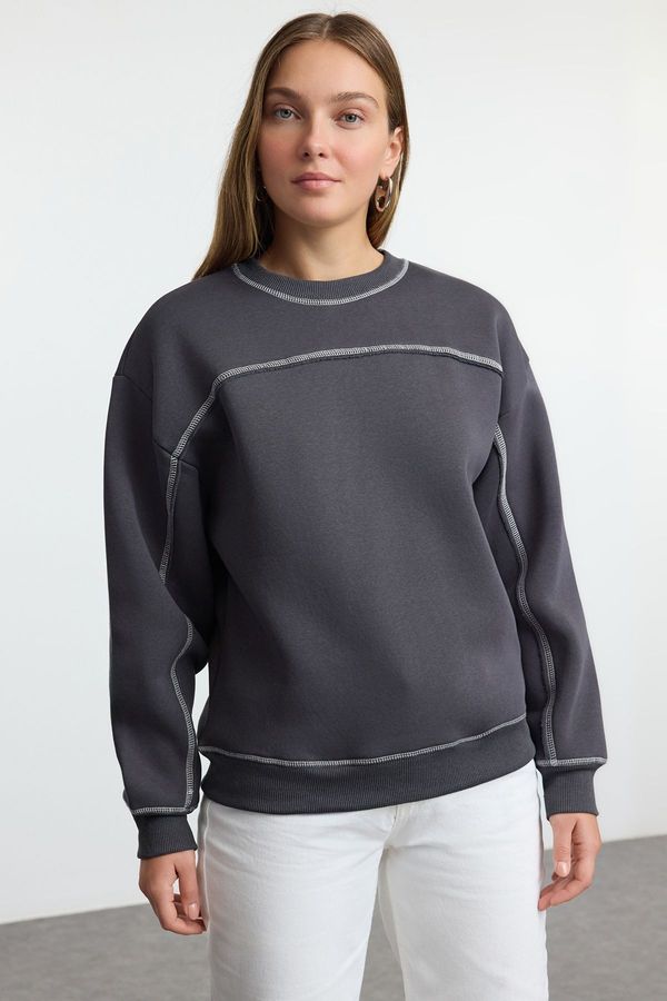 Trendyol Trendyol Anthracite Slogan Printed Oversize/Wide Pattern Thick Inside Polar Fleece Knitted Sweatshirt