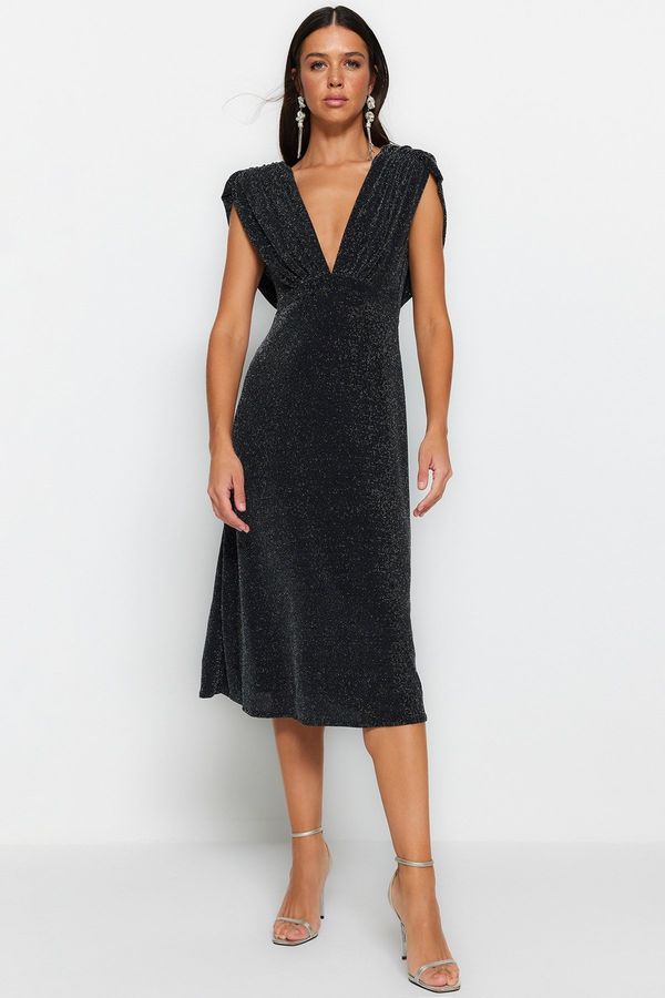 Trendyol Trendyol Anthracite Sparkly Evening Dress that opens at the Waist/Skater Lined