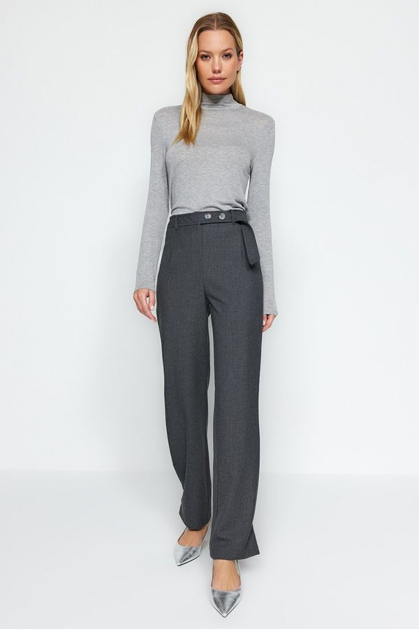 Trendyol Trendyol Anthracite Straight Cut Woven Belt Detailed Trousers