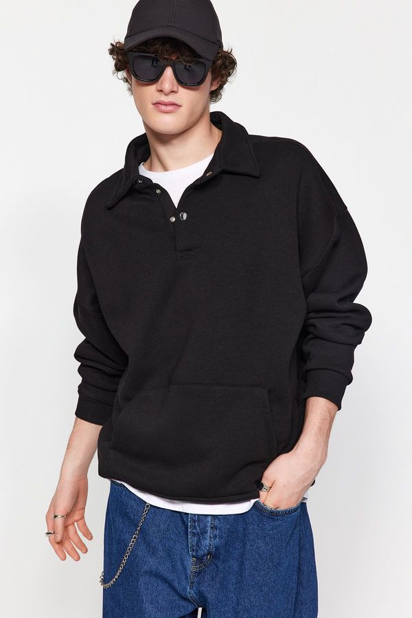 Trendyol Trendyol Basic Black Men's Oversize/Wide Cut Shirt with Collar Pocket and Fleece Inside Thick Sweatshirt