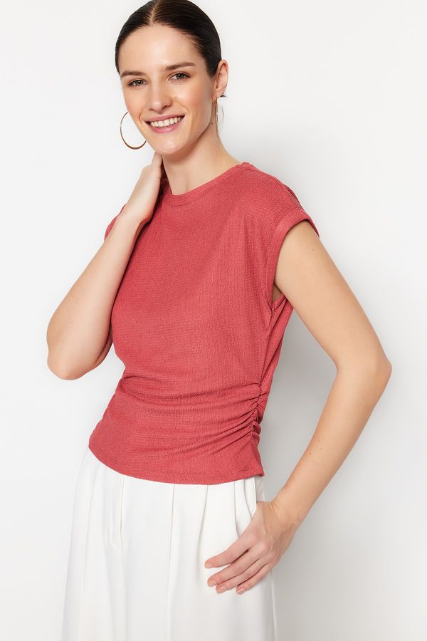 Trendyol Trendyol Basic Crew Neck Ruffled Knitted Blouse with Dusty Rose Gather Detail