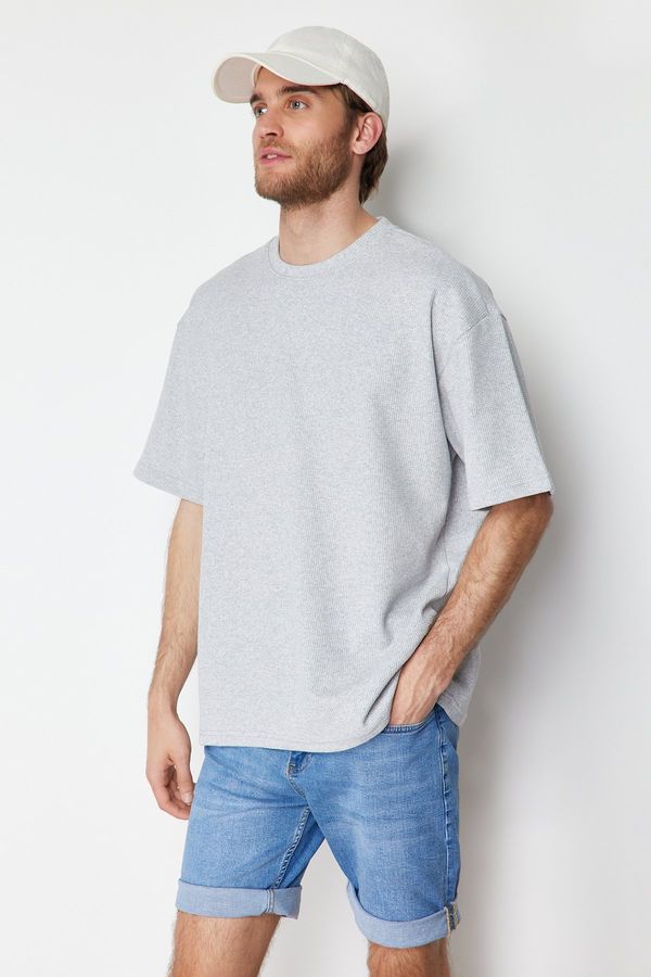 Trendyol Trendyol Basic Gray Oversize/Wide Cut Short Sleeve Textured Tok Fabric T-Shirt