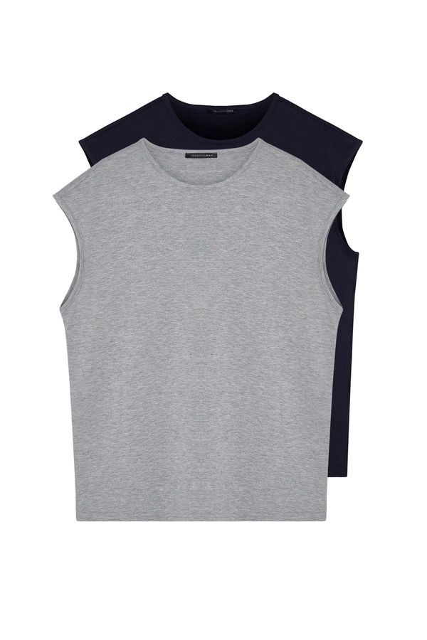 Trendyol Trendyol Basic Navy Blue-Grey 2-Pack Oversize/Wide-Fit Cotton Sleeveless T-Shirt/One-Piece