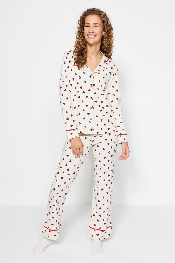 Trendyol Trendyol Beige 100% Cotton Heart Patterned Shirt-Pants and Knitted Pajamas Set