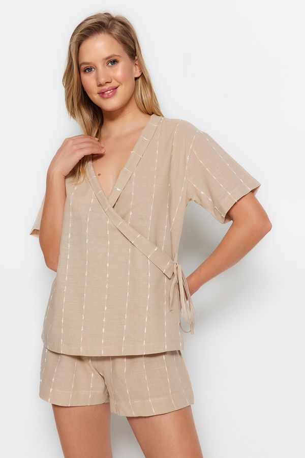 Trendyol Trendyol Beige 100% Cotton Striped Wide Fit Woven Pajamas Set