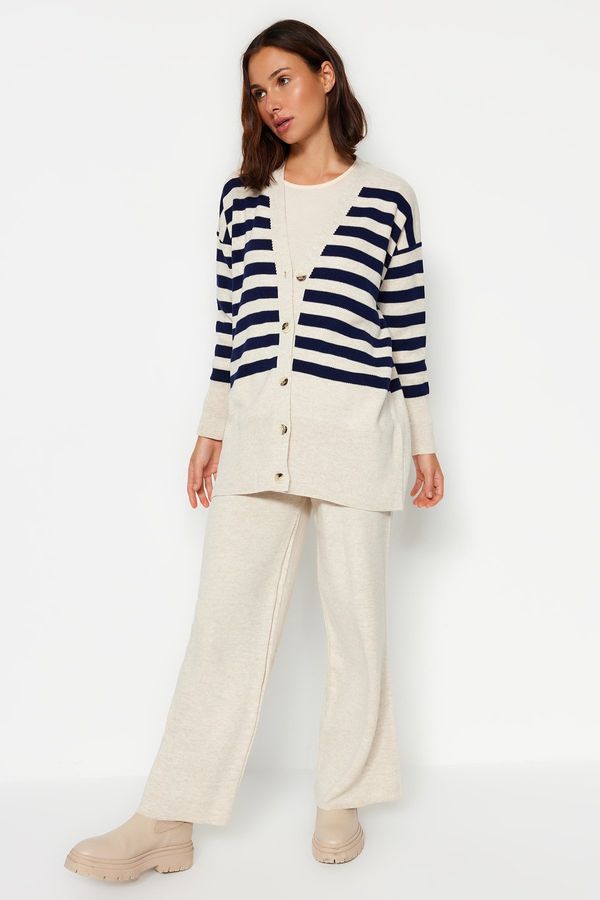 Trendyol Trendyol Beige Button Detailed Jacquard Striped Cardigan Trousers Knitwear Two Piece Set