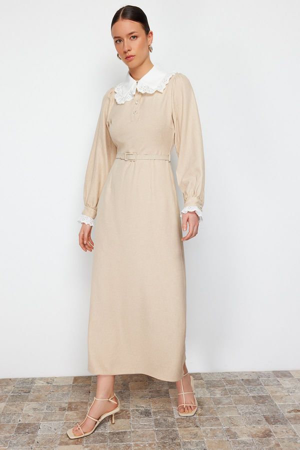Trendyol Trendyol Beige Collar and Sleeve Lace Detailed A-Line Woven Dress