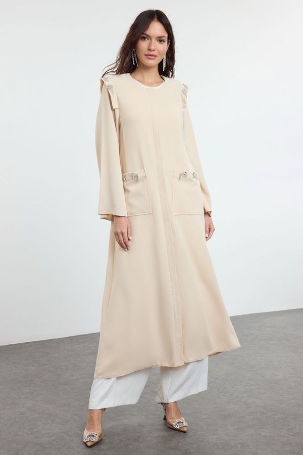 Trendyol Trendyol Beige Crepe Woven Embroidered Detailed Belted Cape & Abaya