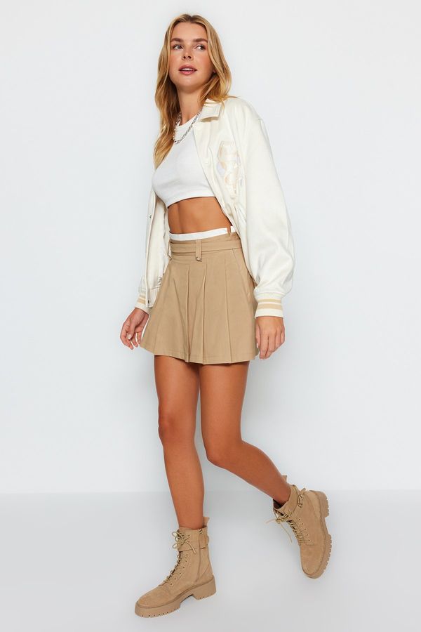 Trendyol Trendyol Beige Double-Belt Detail Pleated Mini Woven Skirt