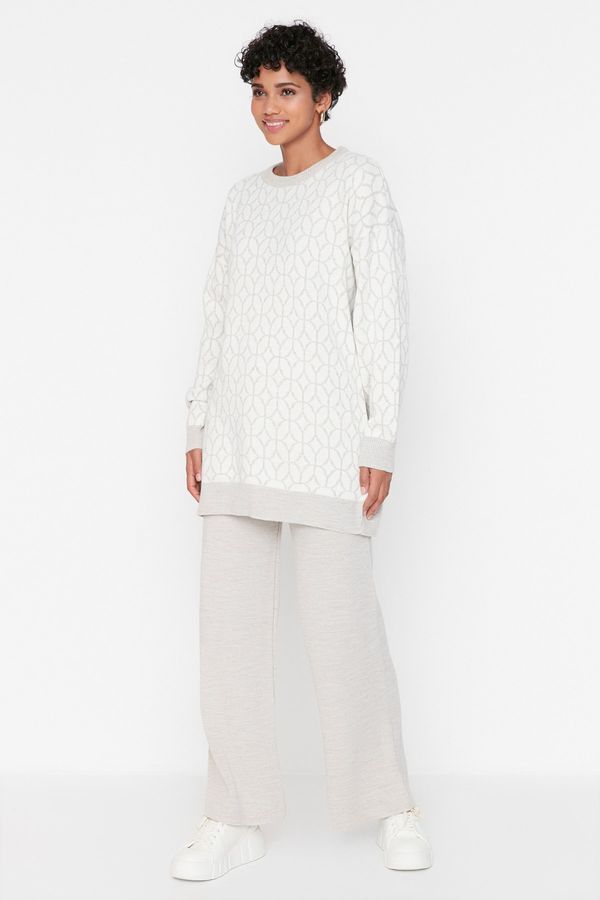 Trendyol Trendyol Beige Geometric Pattern Sweater-Pants Knitwear Set