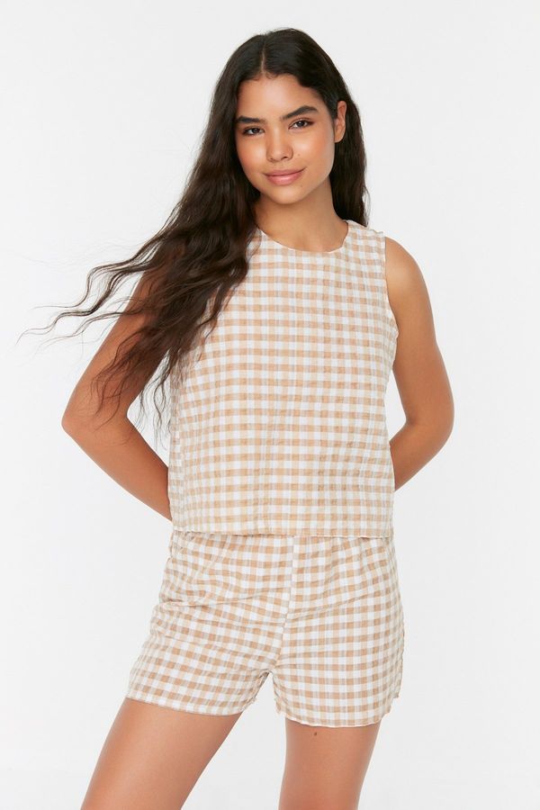 Trendyol Trendyol Beige Gingham Back Detailed See-through Fabric Woven Pajamas Set