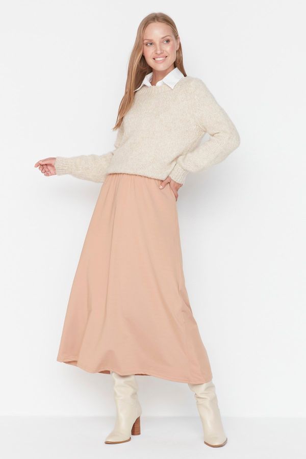 Trendyol Trendyol Beige High Waist Knitted Skirt With Button Closure