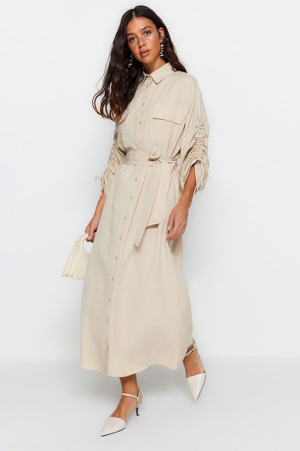 Trendyol Trendyol Beige Knitted Cotton Shirt Dress With Adjustable Detailed Sleeves With Belt