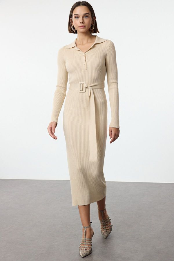 Trendyol Trendyol Beige Maxi Belted Knit Dress