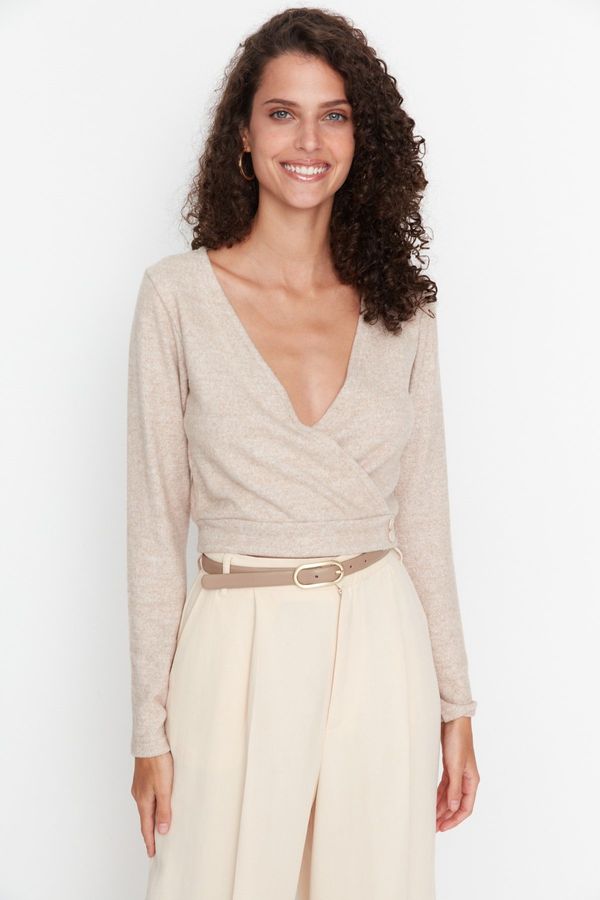 Trendyol Trendyol Beige Melange Knitted Blouse with Double Breasted Collar, Soft