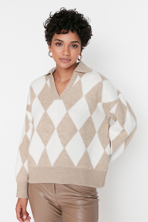 Trendyol Trendyol Beige Oversize Soft Textured Patterned Knitwear Sweater