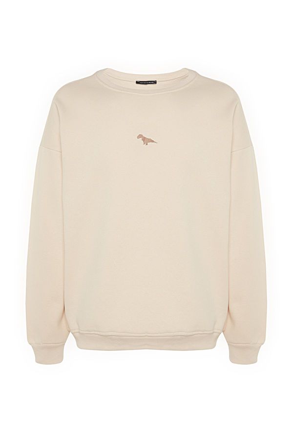 Trendyol Trendyol Beige Oversize/Wide-Cut Fleece Dinosaur Embroidered Sweatshirt