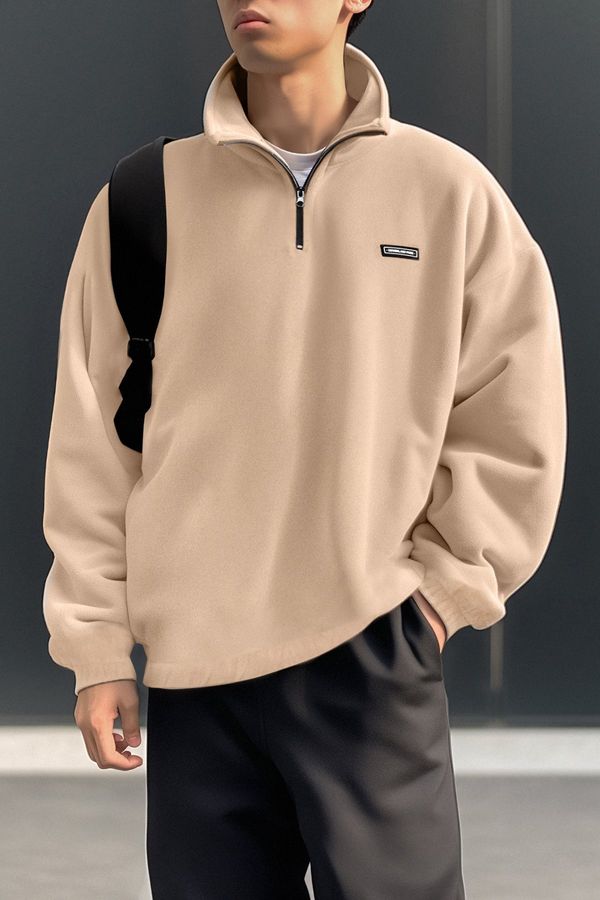 Trendyol Trendyol Beige Oversize/Wide Fit Zippered Stand Collar Label Thick Fleece/Plush Sweatshirt