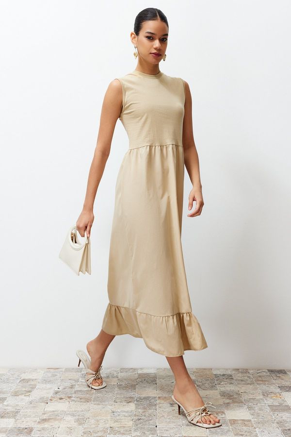 Trendyol Trendyol Beige Sleeveless Skirt Ruffle Single Jersey-Poplin Knitted Lingerie Dress