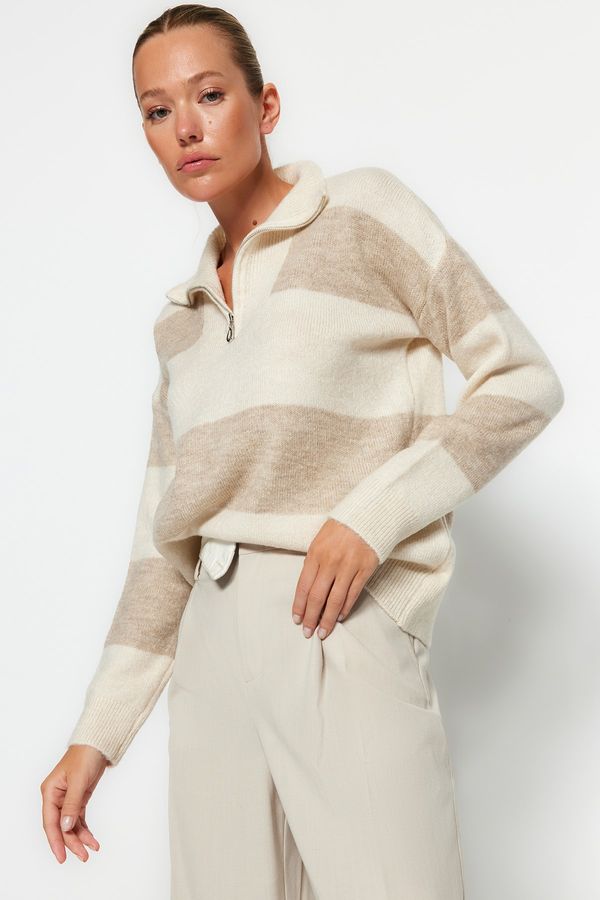 Trendyol Trendyol Beige Soft Textured High Neck Zipper Knitwear Sweater