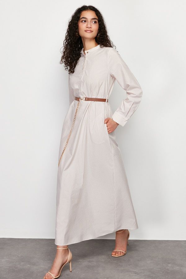 Trendyol Trendyol Beige Striped Belt Detailed Woven Dress