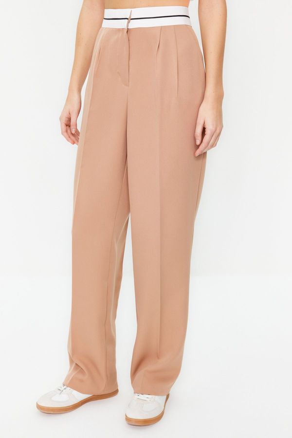 Trendyol Trendyol Beige Wide Leg High Waist Belt Detail Woven Trousers