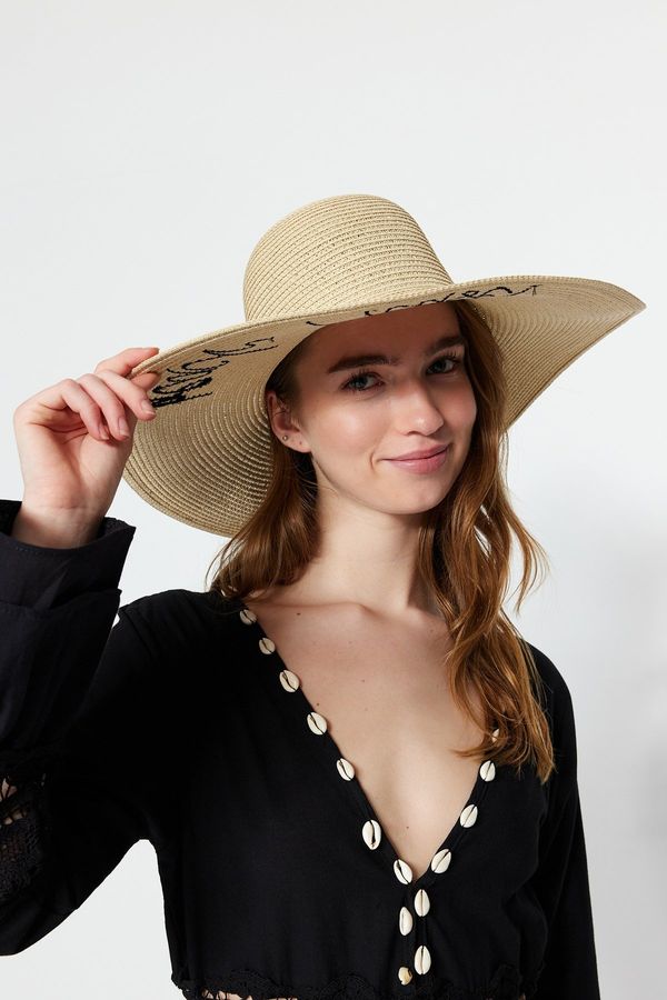 Trendyol Trendyol Beige Women's Slogan Detailed Straw Flare Hat