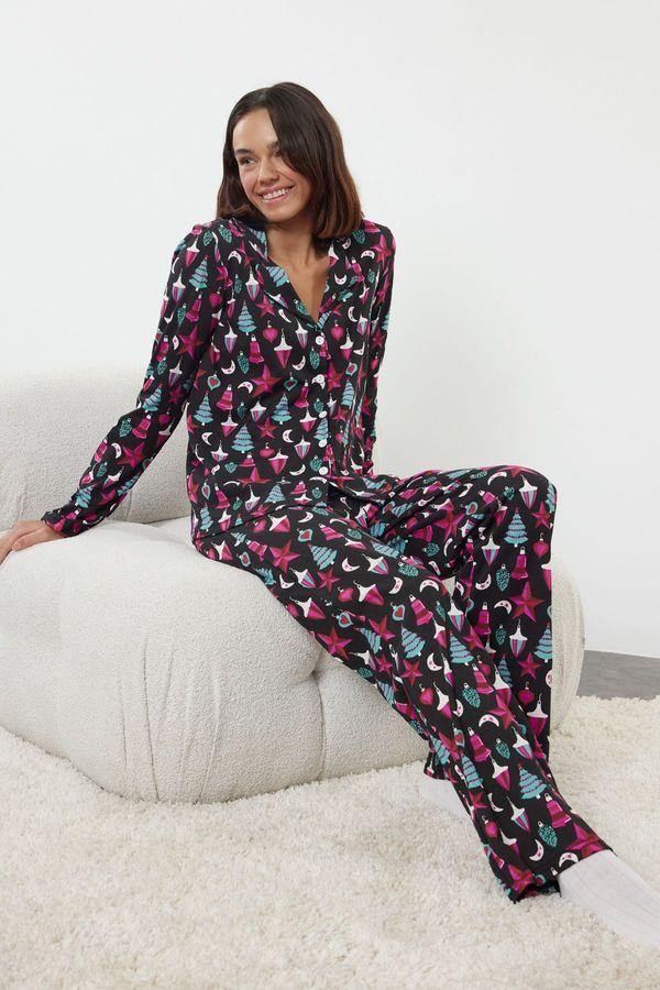 Trendyol Trendyol Black 100% Cotton Christmas Themed Knitted Pajama Set