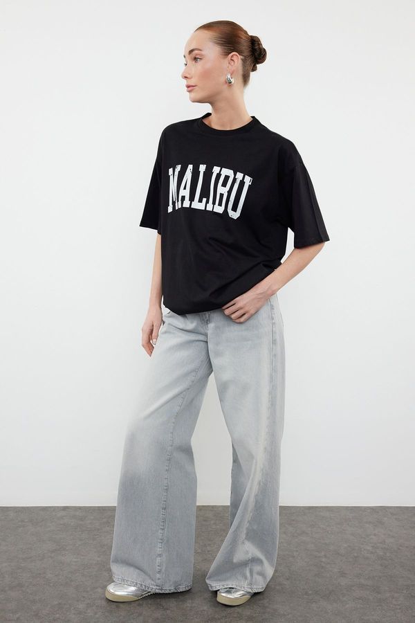 Trendyol Trendyol Black 100% Cotton City Slogan Printed Oversize/Relaxed Cut Knitted T-Shirt