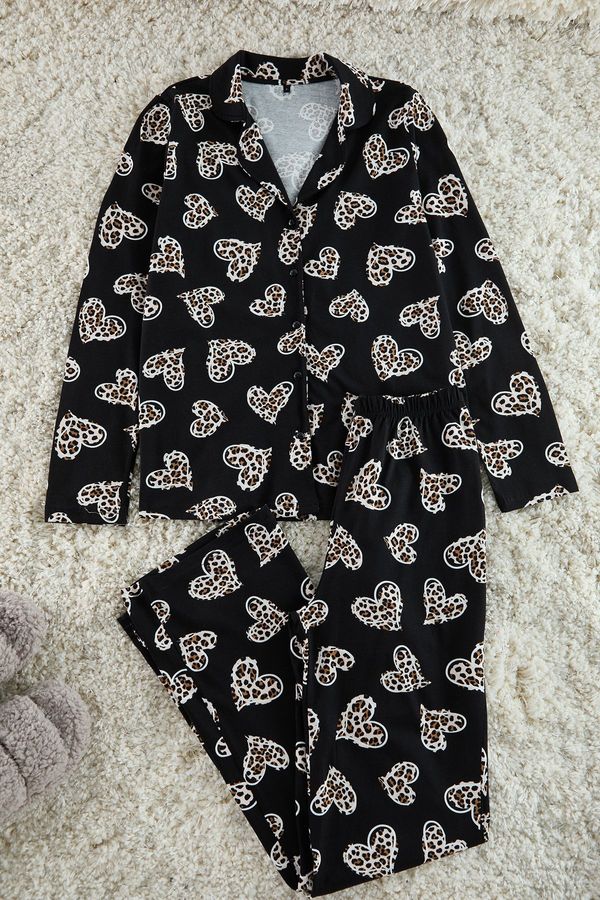 Trendyol Trendyol Black 100% Cotton Leopard Heart Patterned Jersey Knitted Pajama Set