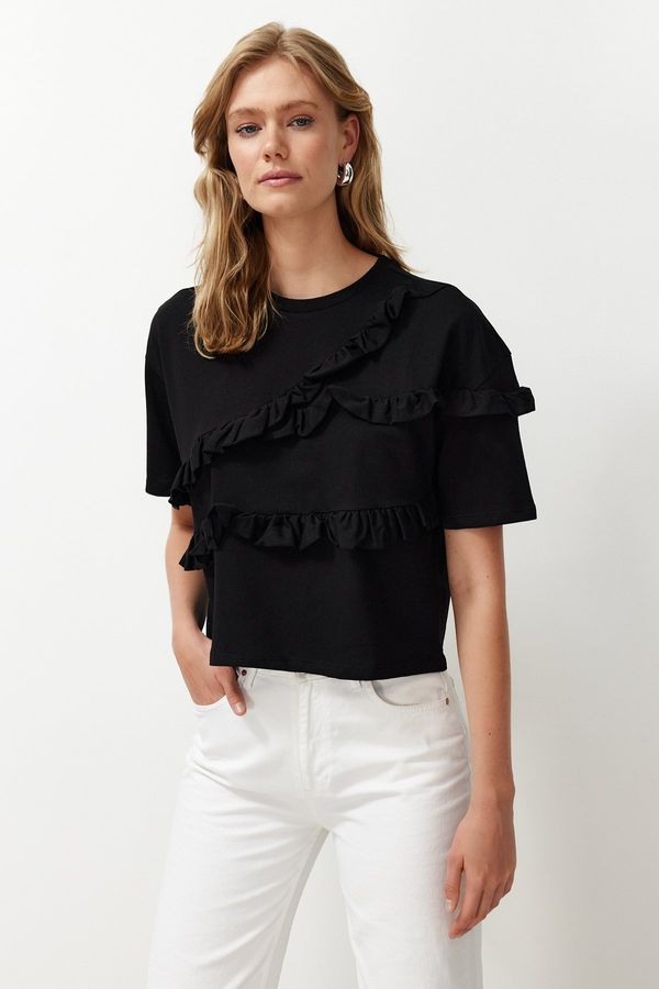 Trendyol Trendyol Black 100% Cotton Ruffle Detailed Relaxed/Comfortable Fit Short Sleeve Knitted T-Shirt