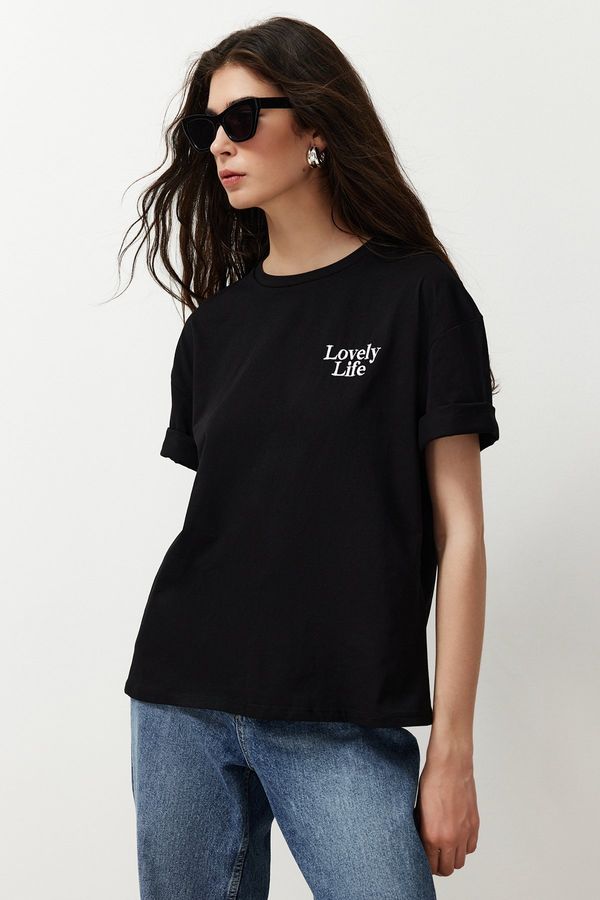 Trendyol Trendyol Black 100% Cotton Slogan Printed Relaxed/Comfortable Fit Pocket Detailed Knitted T-Shirt