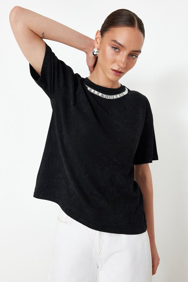Trendyol Trendyol Black 100% Cotton Stone Embroidered Distressed/Pale Effect Relaxed/Comfortable Fit Knitted T-Shirt