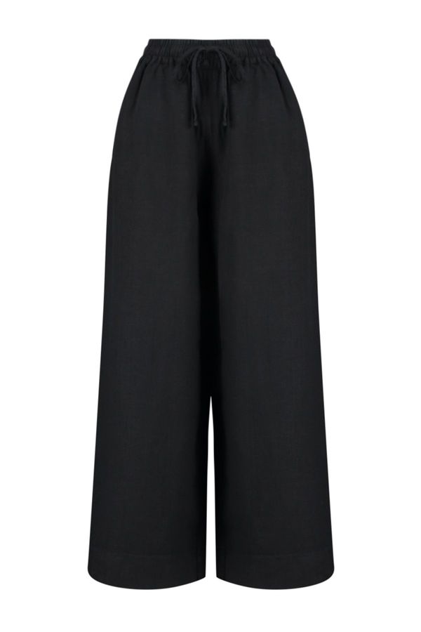 Trendyol Trendyol Black 100% Linen Elastic Waist High Waist Extra Wide Leg Trousers